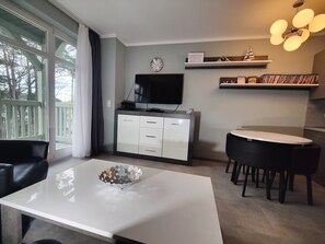 Smart-TV, DVD-Player, Bücher, Stereoanlage