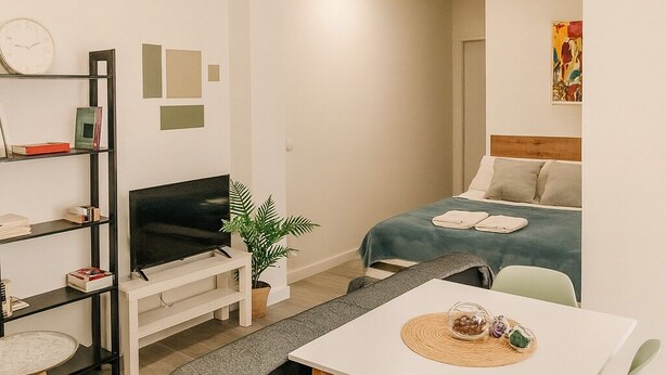 Une chambre d’hôtel de taille réduite, comprenant un lit, un petit coin salon avec une table et des chaises, un téléviseur et une bibliothèque.