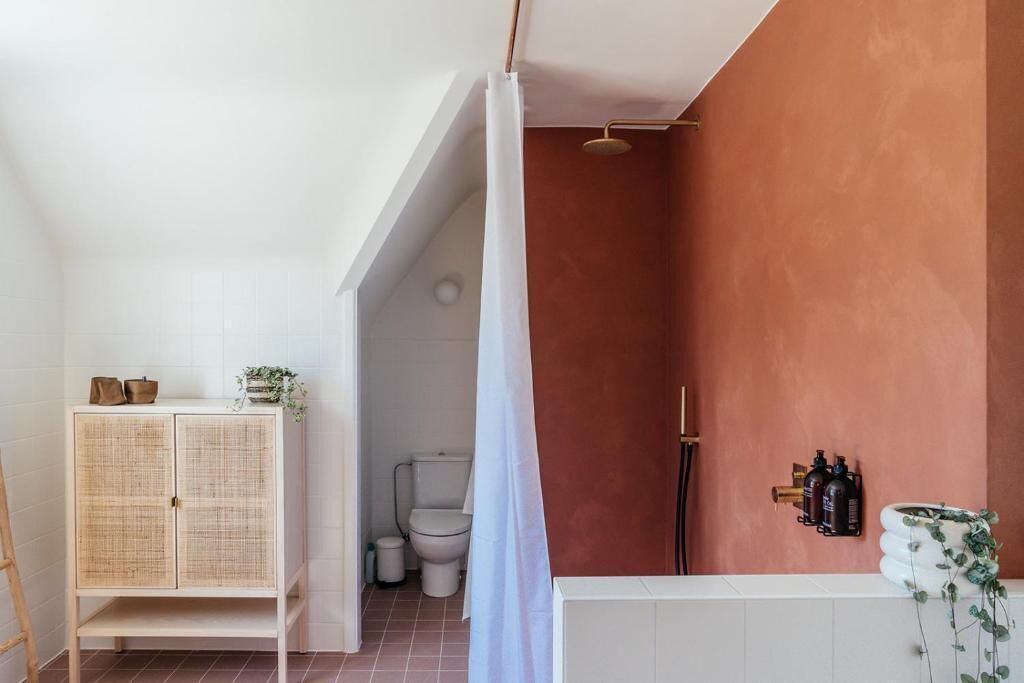 Une salle de bain avec une douche, des toilettes et un meuble sur lequel est posée une plante.