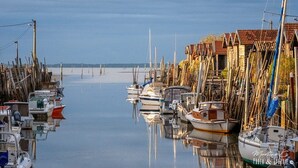 Un port de plaisance avec des bateaux amarrés le long de la rive, des bâtiments en bois et une étendue d’eau calme.