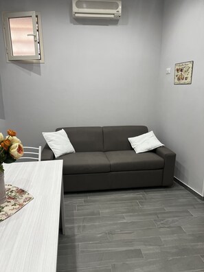 Ein modernes Wohnzimmer mit einem grauen Sofa, weißen Kissen, einem kleinen Tisch mit Blumen in einer Vase und einer Wand-Klimaanlage.