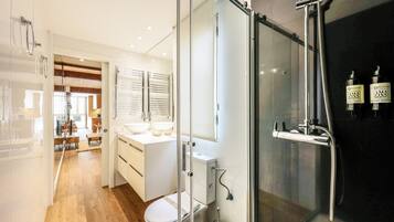 Shower, hair dryer, towels