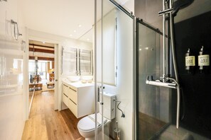 Shower, hair dryer, towels