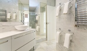 Ducha, secador de pelo, toallas y champú