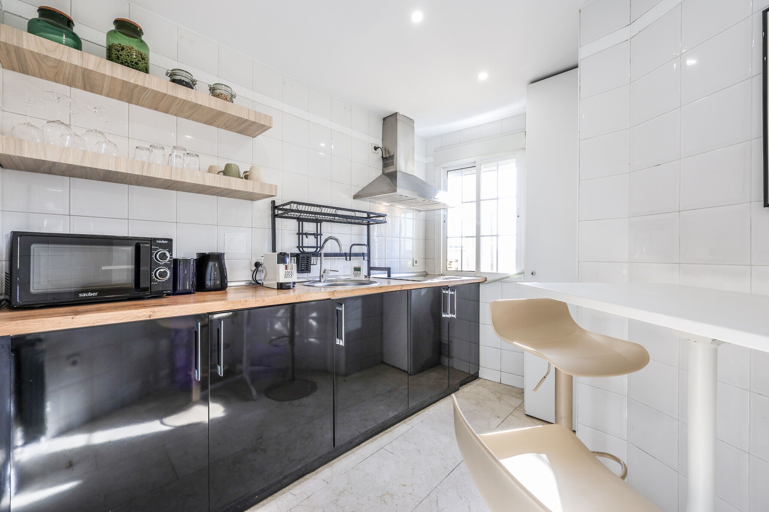 Fridge, microwave, coffee/tea maker, electric kettle