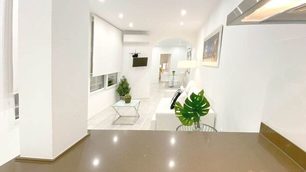 Un intérieur moderne comprenant un espace cuisine, une table à manger avec des chaises et un petit coin salon avec un canapé et une plante.