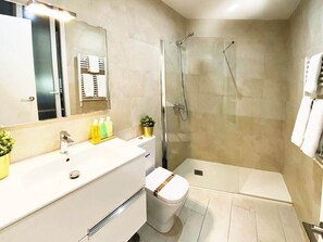 Shower, hair dryer, towels
