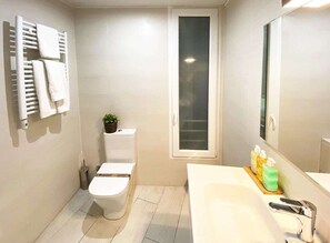 Chuveiro, secador de cabelo, toalhas de banho