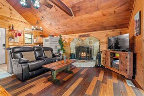 Smart TV, fireplace, books