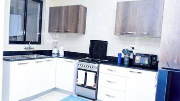Fridge, microwave, oven, electric kettle