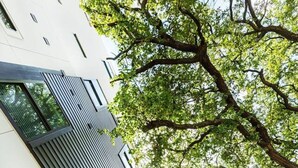 Un edificio moderno con techo inclinado y un ventanal grande.