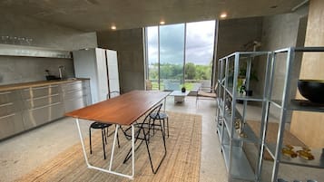 Fridge, microwave, stovetop, electric kettle