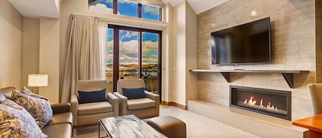 Smart TV, fireplace, video games, DVD player