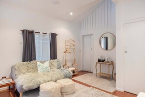 TV, fireplace, books