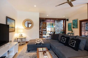 TV, fireplace, books