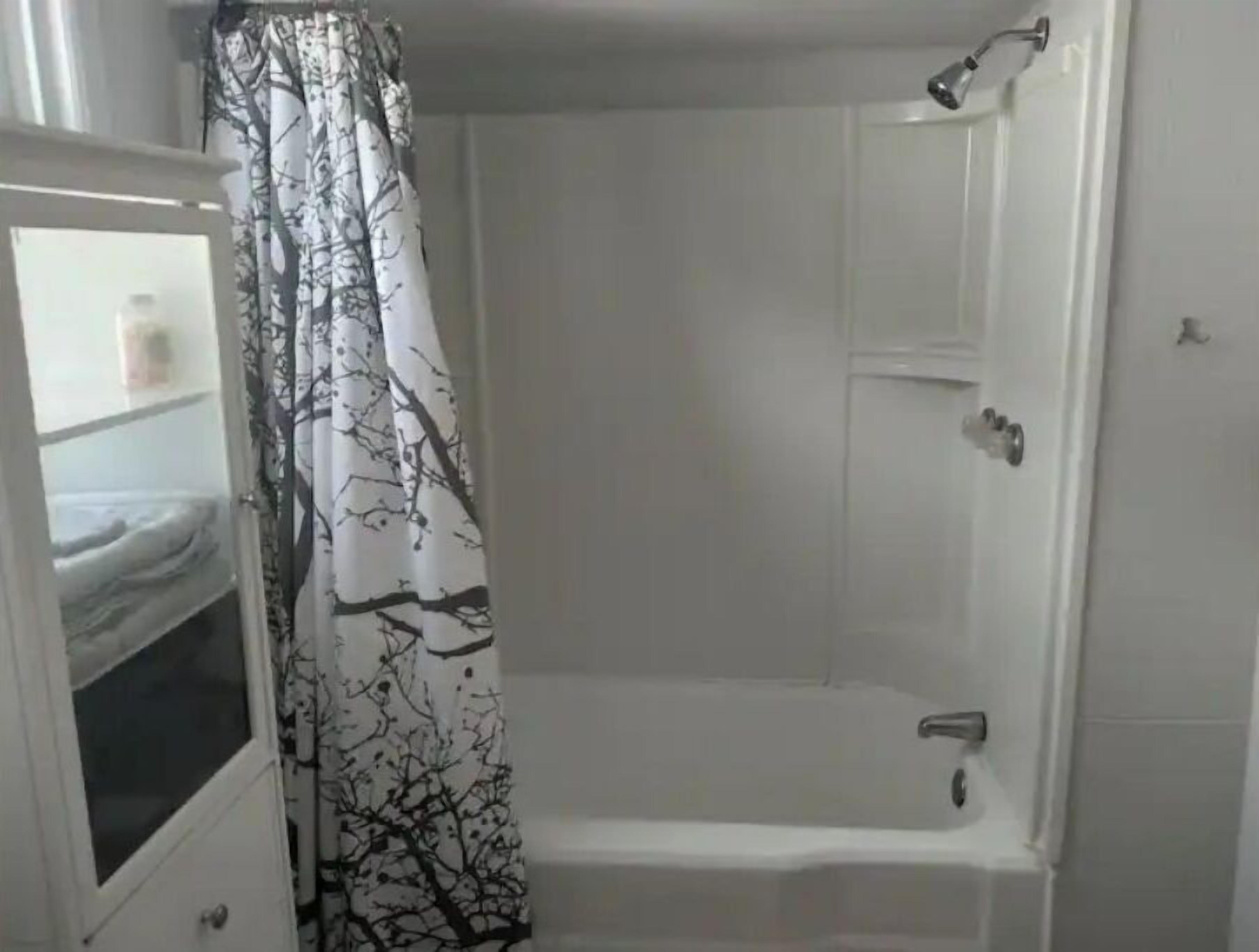Combined shower/bathtub, hair dryer, towels, soap