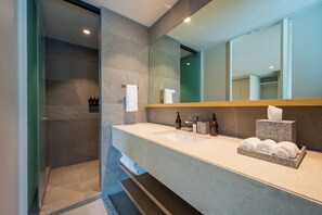 Douche, sèche-cheveux, serviettes fournies, savon