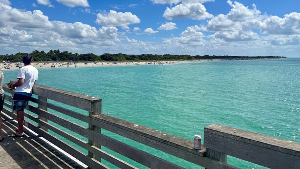 Un muelle de madera con una persona al borde, contemplando una playa de aguas turquesas cristalinas y una fila de árboles al fondo.