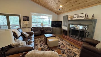 Smart TV, fireplace, books, computer monitors