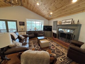 Smart TV, fireplace, books, computer monitors