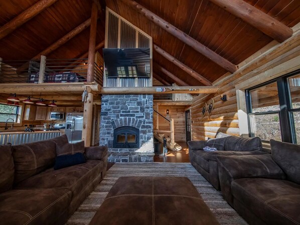 Smart TV, fireplace, books