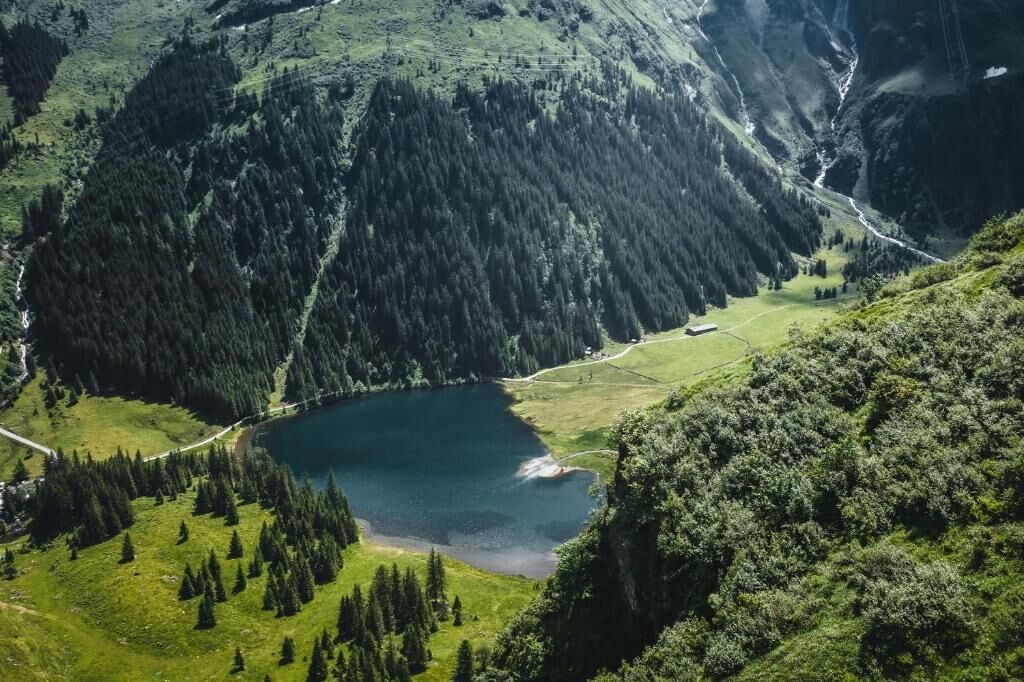 A mountainous landscape with a lake surrounded by dense forests and a road.