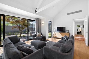 Smart TV, fireplace, books, stereo