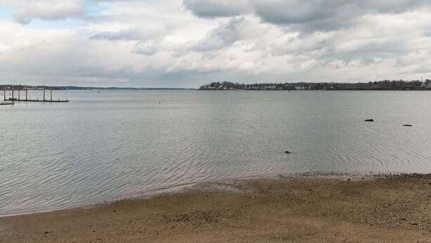 Una orilla tranquila con una playa arenosa y un muelle que se adentra en el agua.
