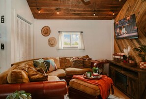 Smart TV, fireplace, books, offices