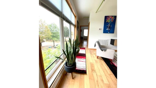 Ein modernes Interieur mit einem großen Fenster, einem Blumentopf, einem weißen Sofa und einem farbenfrohen Teppich.