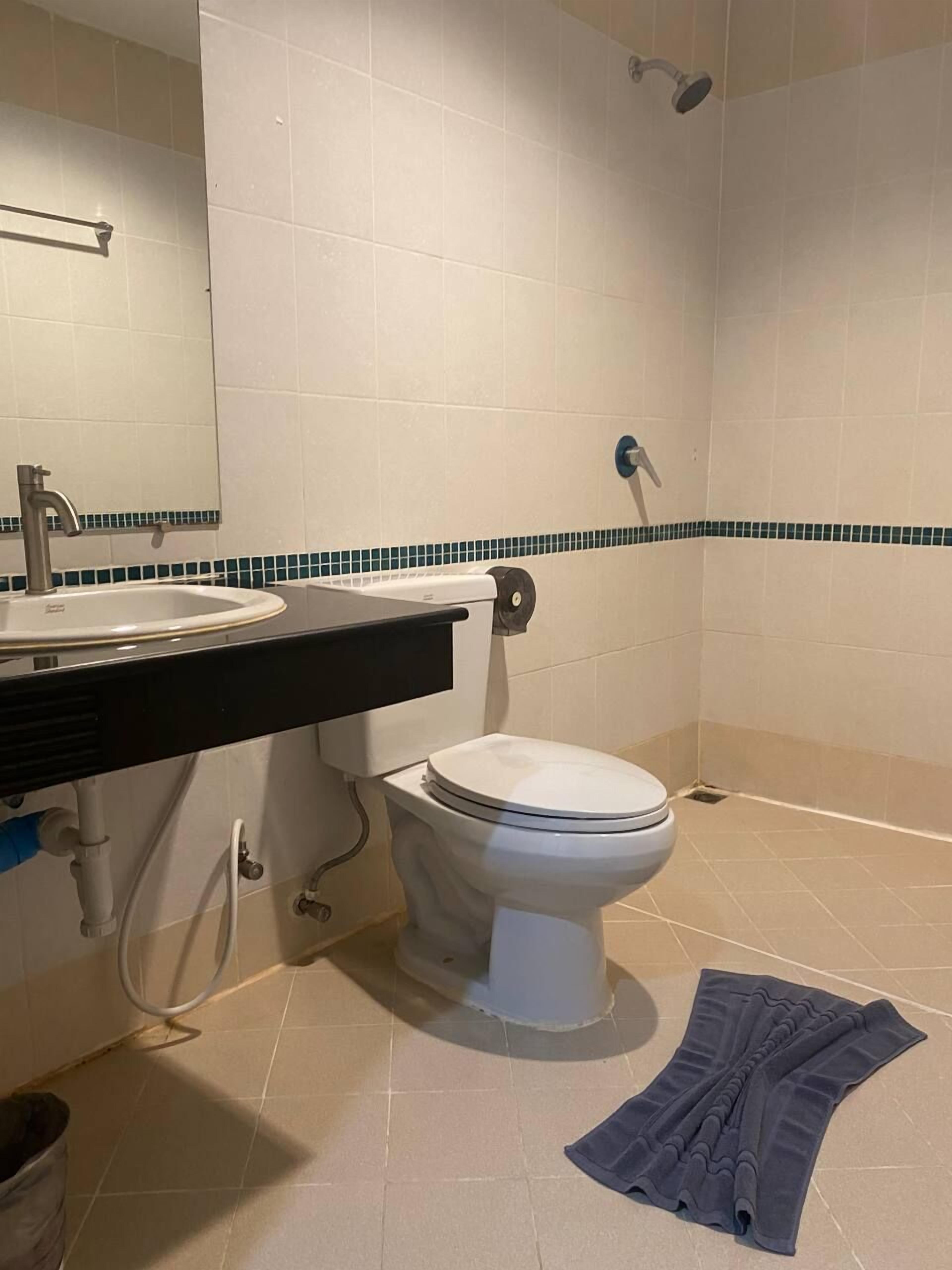 Een badkamer met toilet, wastafel en douche.