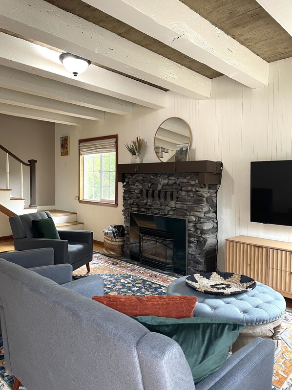 Smart TV, fireplace, video games, DVD player