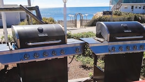 Two NEXGRILL barbecue grills with a view of the ocean and a beachside property. - Seawinds II (Dennis Port)