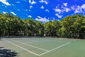 An outdoor tennis court surrounded by trees. - Seawinds II (Dennis Port)