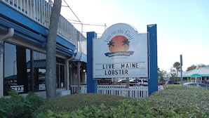 A sign for Live Maine Lobster restaurant with a beach and palm tree backdrop. - Sunset Lagoon. In the heart of Hudson. Waterfront. 2 minute walk beach/dining (Hudson)
