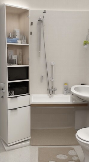 Shower, hair dryer, bidet, towels
