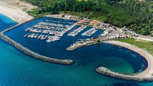 An aerial view of a marina with multiple docks and boats, surrounded by greenery and a small building. - 3-star ANCV-approved house in a lovely condominium (SANTA MARIA POGGIO)