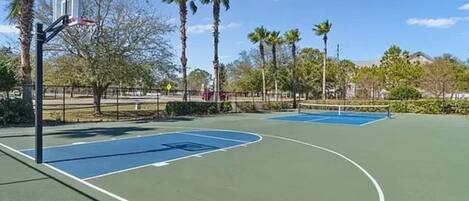 An outdoor basketball court with a basketball hoop, surrounded by palm trees and a clear sky.