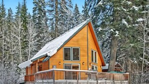 Une cabane en bois dotée d’un balcon, entourée d’arbres couverts de neige.