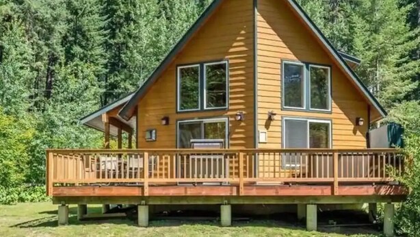 Une cabane en bois dotée d’une terrasse, entourée d’une forêt dense.