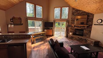 Smart TV, fireplace, video games, DVD player