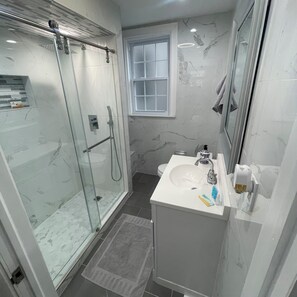 Shower, hair dryer, towels, soap