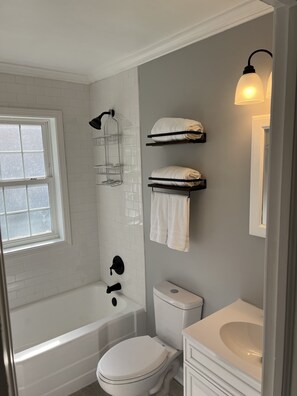 Combined shower/tub, hair dryer, towels, soap - Remodeled Charming Avon Lake Home (Avon Lake)