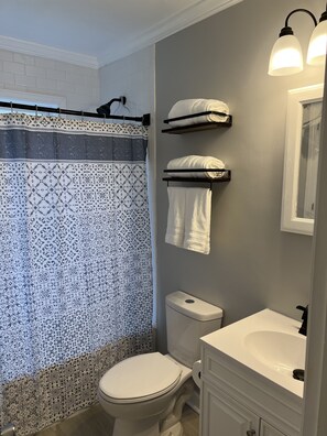 Combined shower/bathtub, hair dryer, towels, soap