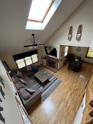 Smart TV, fireplace, books