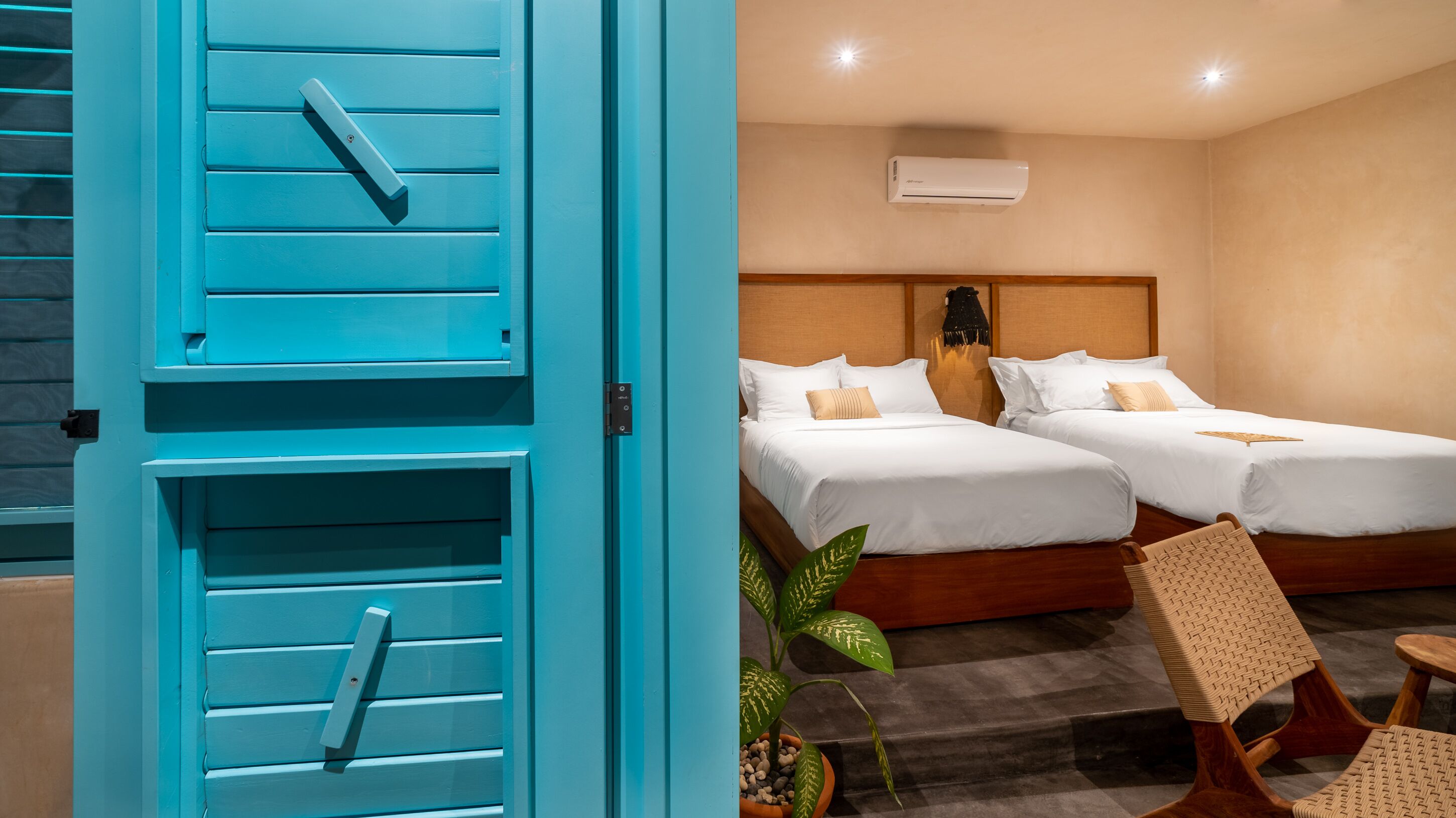 A hotel room with two beds, a potted plant, and a wicker chair.