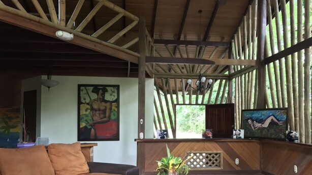 Un'ampia stanza con soffitto in legno, un grande quadro appeso al muro, un divano e un tavolino da caffè con una pianta.