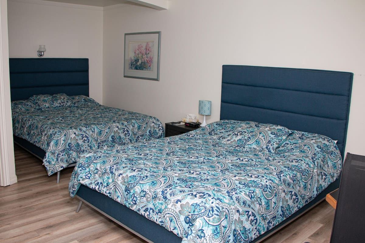 A bedroom with two beds, each with a blue headboard and matching patterned bedding.