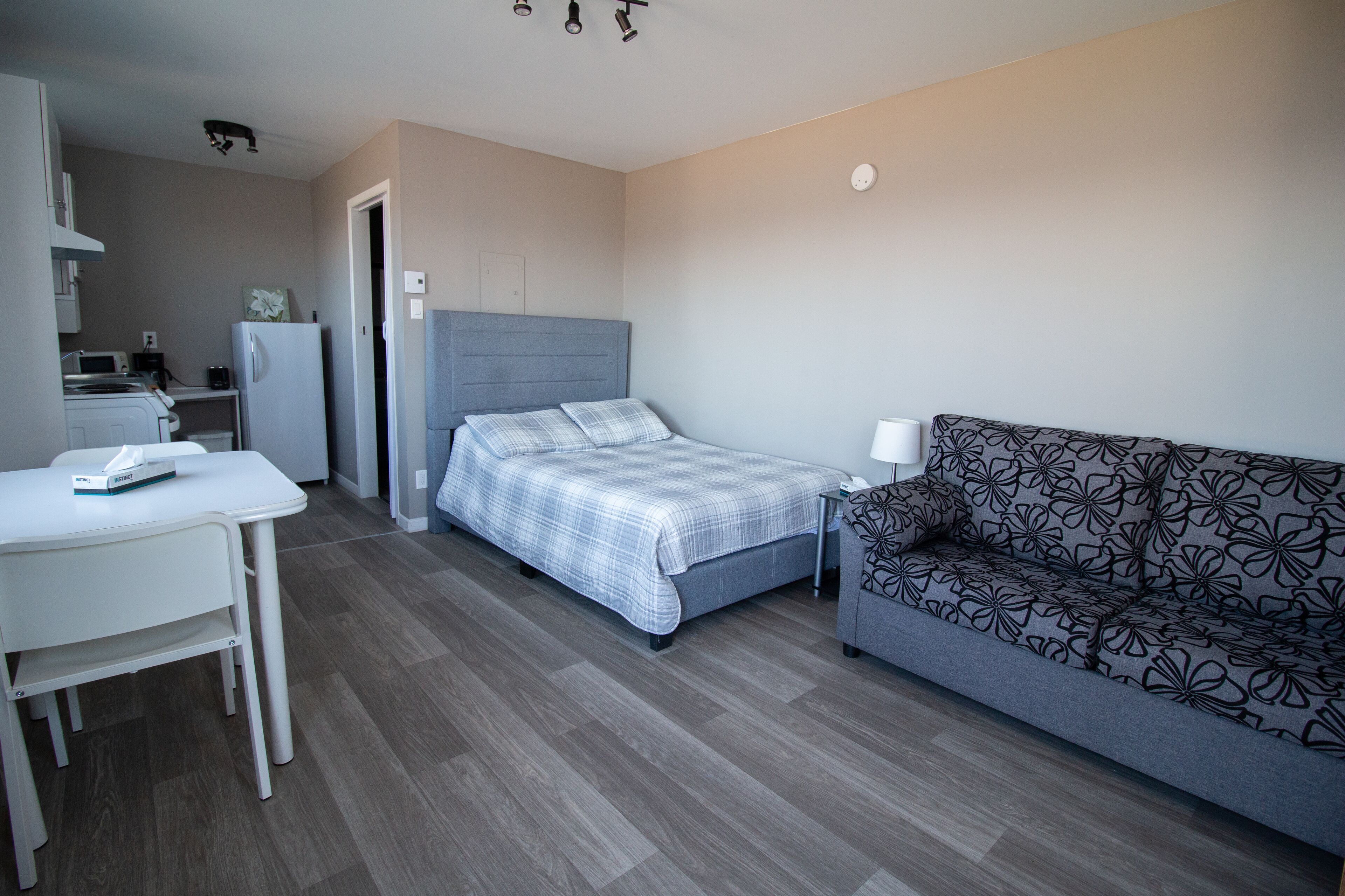 A bedroom with a bed, a sofa, a desk, and a kitchenette.
