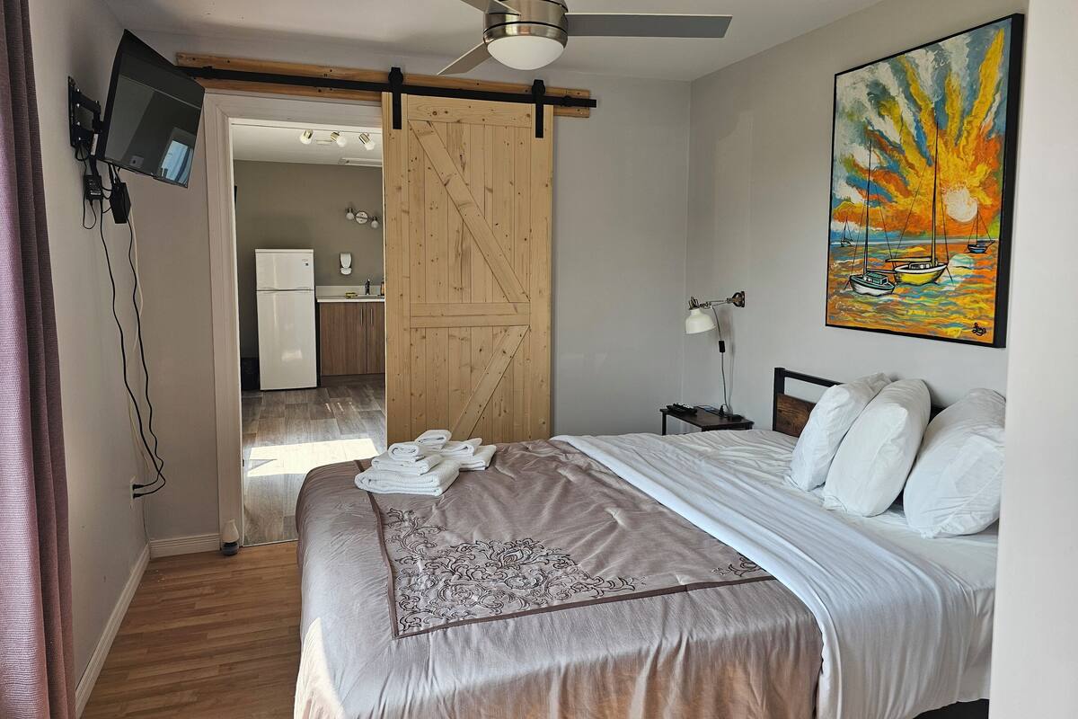 A bedroom with a bed, a ceiling fan, a painting, and a view into the kitchen.